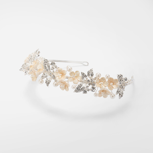 Tiara argentata con fiori cristalli e perle